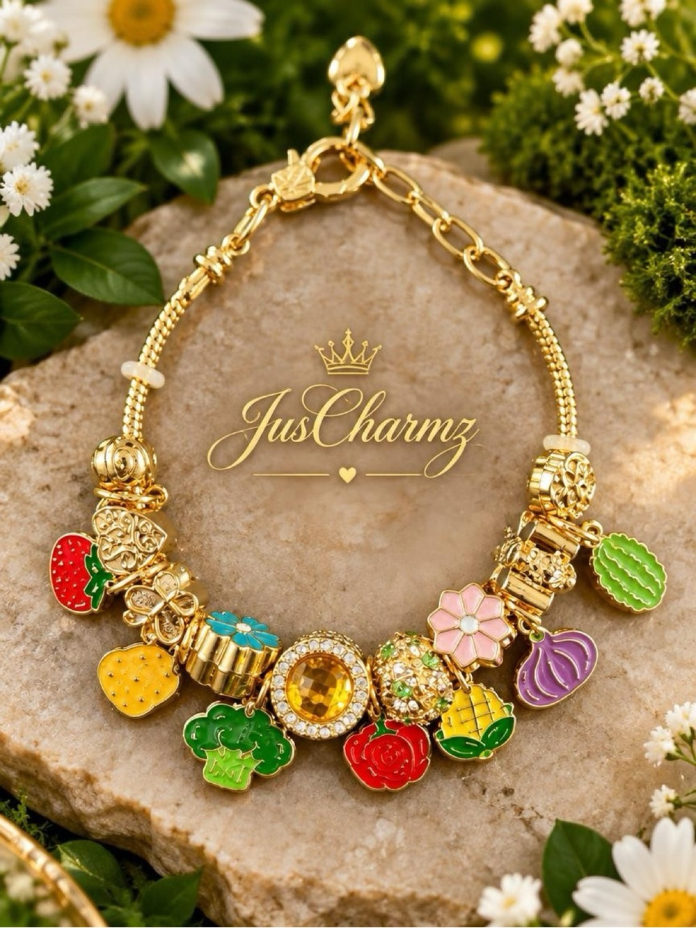 Gold Charm Bracelet with Multicolor Enamel Fruit & Floral Charms